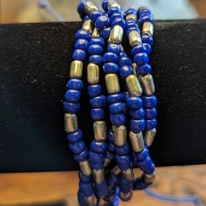 💙 Silver tone six strands blue glass beads adjustable bracelet 3" to 6"
